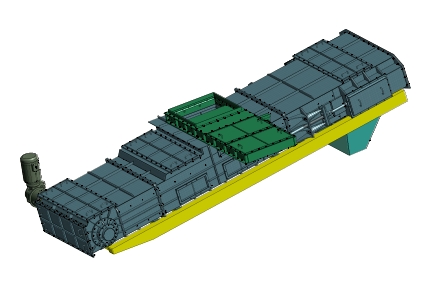 Řetězový dopravník uhlí RP 2000 s hydraulickým deskovým uzávěrem, násypkou, svodkou do drtiče a pohonem