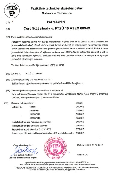 Certifikát ATEX - řetězový podavač paliva pokračování