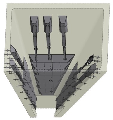 Zásobník uhlí s namontovanými rozrušovacími hrably, 3D návrh Tespo engineering