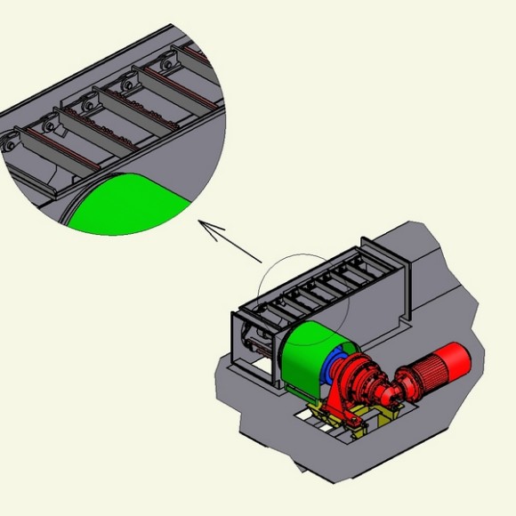 Konstrukce řetězového podavače uhlí, sestava pohonu