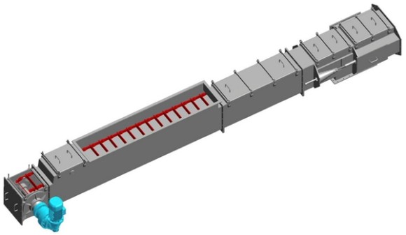 Řetězový podavač materiálu RP 500 s napínací a poháněcí jednotkou, s regulací otáček a měřením výšky